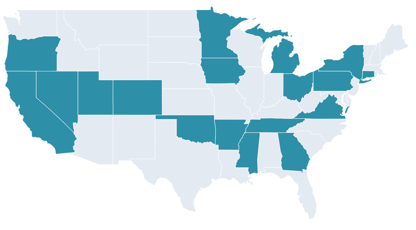Map of the United States highlighting the 18 states where Parsetek has delivered enterprise IT programs